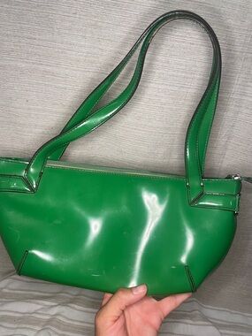Glossy Green Patent Shoulder Bag with Double Straps- DKNY